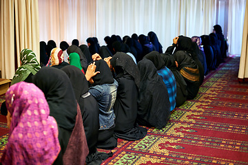 Image showing Muslim, woman and prayer for worship, faith and spiritual routine for ramadan. Islamic person, culture and tradition for mosque, eid and religion for belief and support or gratitude and guidance