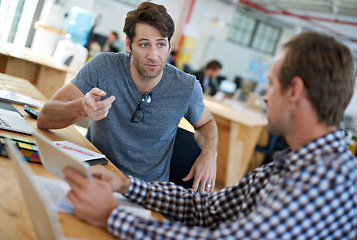 Image showing Business people, discussion and tablet for collaboration on report, problem solving and teamwork. Men, partnership and together for planning in coworking office, brainstorming and conversation