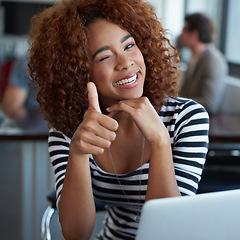 Image showing Portrait, thumbs up and black woman with laptop in office, workspace or working in creative career. Female person, internship and journalist for magazine, newspaper or online publication with ok sign