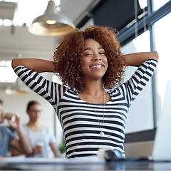 Image showing Black woman, relax at desk and smile with stretching, progress and productivity with tasks at startup. Graphic designer with happiness, deadline and break at office, done or complete with portrait