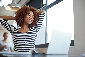 Image showing Black woman, relax at desk and happy with stretching, progress and productivity with tasks at startup. Graphic designer with project laptop, deadline and break at office, done or complete with smile