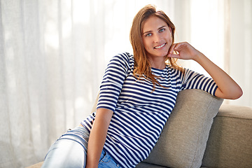 Image showing Relax, happy and portrait of woman on sofa in house, home and living room with peace or calm and happy to rest for weekend. Female person, gen z girl and lady in apartment, lounge and on couch