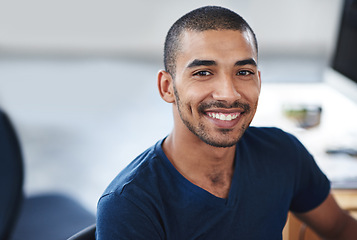 Image showing Happy, startup and portrait of business black man for career, job and working in office. Professional, creative company and confidence person at desk for media, publishing and graphic design agency