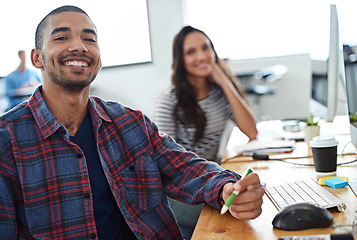 Image showing Business people, planning and teamwork in workspace by computer for creative project or copywriting career. Portrait of a young man and woman with collaboration and happy at a online startup company
