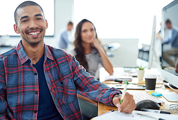 Image showing Happy, office and portrait of man coworking with people for creative project in Brazil company. Excited, employee and person smile for collaboration with productivity or planning teamwork with notes