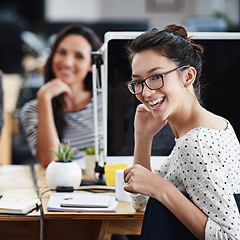 Image showing Happy, office and portrait of woman coworking with team on creative project in Brazil company. Excited, employee and person with a smile for productivity on collaboration in workplace with teamwork