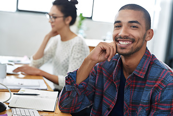 Image showing Happy, office and portrait of man coworking with teamwork on creative project in Brazil company. Excited, employee and person smile for productivity on collaboration or cooperation in workplace