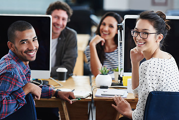 Image showing Portrait, computer and staff in office, workspace or collaboration for working in creative career. Job, technology and partnership with documents, desk or diversity for professional discussion