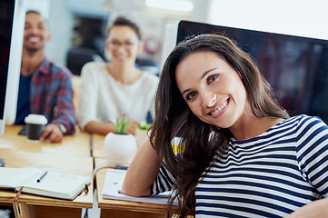 Image showing Teamwork, portrait and coworkers in office for creative project, startup or development. Confident, smile and diverse group of people for employee, occupation or professional on company growth