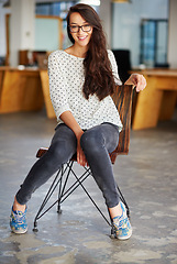 Image showing Business, woman and portrait with smile at workplace for creative internship, confidence, startup pride and glasses. Entrepreneur, employee and happy in a warehouse workspace and relax on chair