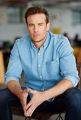 Image showing Serious, chair and portrait of business man in office for career, working and job opportunity. Professional worker, creative startup and face of person with confidence, company pride and ambition