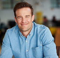 Image showing Happy, office and portrait of business man ready for career, working and job opportunity. Professional, creative startup and face of person with confidence, company pride and positive attitude