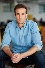 Image showing Serious, chair and portrait of business man in office for career, working and job opportunity. Professional worker, creative startup and face of person with confidence, company pride and ambition