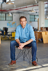 Image showing Business, man and confidence with portrait in office for creative internship, serious and startup pride to relax. Entrepreneur, employee and designer in a warehouse workspace or casual environment