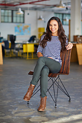 Image showing Happy, chair and portrait of business woman in office for career, working and job opportunity. Professional worker, creative startup and face of person with confidence, company pride and ambition