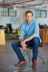 Image showing Business, man and relax with portrait in office for creative internship, confidence, startup pride or serious. Entrepreneur, employee or designer in a warehouse workspace or casual workplace in chair