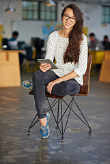 Image showing Tablet, chair and portrait of business Asian woman for online research, website news and internet. Office, creative startup and person on digital tech for networking, typing email and communication