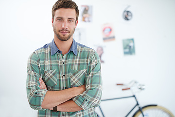 Image showing Creative, startup and portrait of businessman with crossed arms, company pride and confidence in office. Professional, worker and person with ideas for work, job opportunity and career in workplace