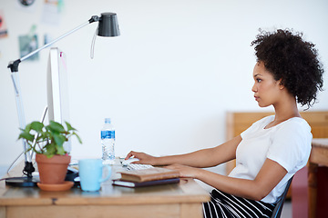 Image showing Business woman, reading and planning on computer for creative project, research and online editing or copywriting. Young professional editor, writer or person on desktop for job or startup newsletter