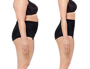 Image showing Transformation, weightloss and stomach of woman in studio for diet, lose weight and wellness. Health, before after and body of isolated person for workout, exercise and fitness on white background