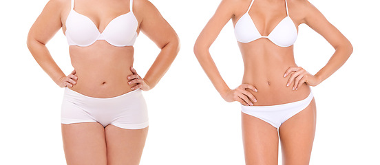 Image showing Transformation, lose weight and stomach of woman on a white background for diet, detox and wellness. Health, before after and isolated person in underwear for workout, exercise and fitness in studio