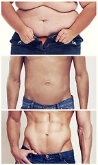 Image showing Collage, transformation and body of man for weight loss, diet and detox with white background. Health, stomach and male person for before after in fitness, workout and exercise on studio backdrop