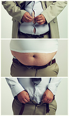 Image showing Composite, plus size and body of man for transformation, weight loss and abdomen with white background. Professional, stomach and male person for struggle, pants and shirt on studio backdrop