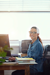 Image showing Woman, office and happy with file in computer for business or employee contract at work as hr manager. Portrait, female person and paperwork in desk with document for company policy and law