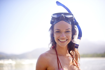 Image showing Woman, snorkeling and mask in portrait, beach and adventure for travel, fun and activity. Female person, bikini and vacation on summer, trip or holiday with happy, equipment and water sport