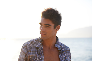 Image showing Man, sexy and travel with fashion, smile and wellness in landscape, confidence and chest. Male person, beach and hot by ocean, coast and tropical for summer, vacation and tourist in Cape Town