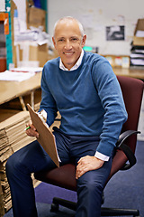 Image showing Business, portrait or old man with clipboard in warehouse office for logistics, planning or cargo checklist. Industry, supply chain or factory manager with compliance documents for cardboard recycle