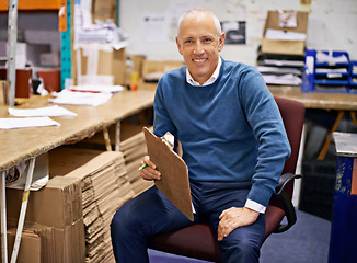 Image showing Portrait, business or old man with clipboard in warehouse office for logistics, planning or cargo checklist. Industry, supply chain or factory manager with compliance documents for cardboard recycle