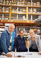 Image showing Business people, management and portrait of team in warehouse with check up, quality control and inspection. Inspector, women and man for supply chain, logistics career and collaboration in factory