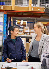 Image showing Business people, inspector and woman with smile in warehouse for inventory, quality control and check list. Inspection, employee and professional for supply chain, logistics career and product info