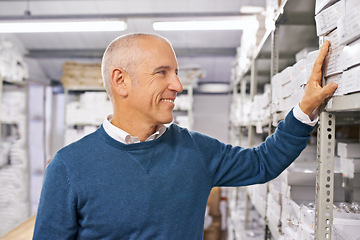 Image showing Cargo, stock or senior business man in a warehouse for pricing, inventory or ecommerce box order. Logistics, online shopping or retail by male factory manager with shipping product, package or search