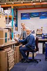 Image showing Business people, man and woman with portrait in warehouse with inventory, quality control and check list. Management, supervisor and smile for supply chain, logistics career and planning product info