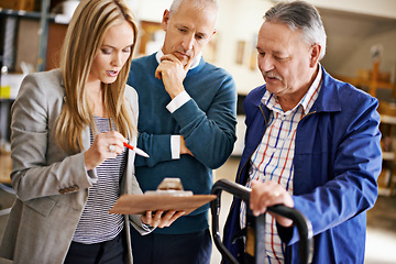 Image showing People, clipboard or warehouse as inventory management, logistics or distribution of product orders. Businesswoman, staff or checklist as stock, inspection or quality assurance of shipping in plant