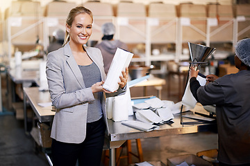 Image showing Woman, portrait and factory production or packaging coffee beans logistics for supply chain, shipping or distribution. Female person, face and wholesale worker for parcel export, storage or facility