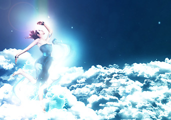 Image showing Fantasy, digital illustration and woman in sky for creativity, abstract and peace with dance on blue background. Light, atmosphere and air space with graphic drawing for dream, surreal and calm