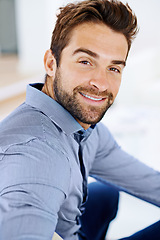 Image showing Smile, confidence and portrait of man in house, home and living room happy to relax for holiday, break and weekend. Male person, gentleman and Spanish guy in apartment, bedroom or lounge for vacation