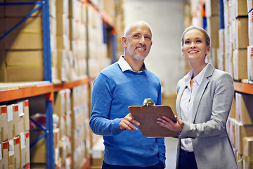 Image showing Happy, clipboard or business people at warehouse for logistic, delivery or cargo, shipping or planning. Factory, supply chain or manager team with paper checklist or retail, stock or procurement note