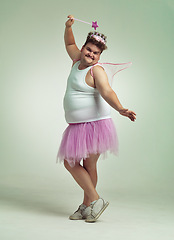 Image showing Funny, fairy and man in costume on studio with magic, wand and wings for plus size cosplay. Fantasy, character and creative model in dress up for role play on white background, mockup and space