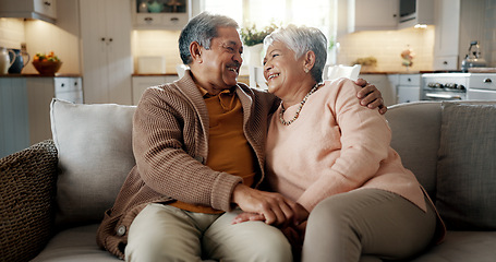 Image showing Senior couple, face and hug on couch, smile and bonding with love, support and relax in retirement in home. Elderly woman, old man and portrait with embrace, together and sitting on living room sofa