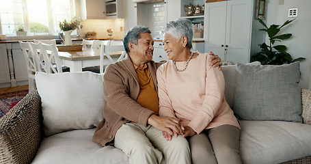 Image showing Home, face and senior couple with love, care and retirement with support, relationship and commitment with romance. Portrait, happy old man and elderly woman embrace, relax and trust with marriage