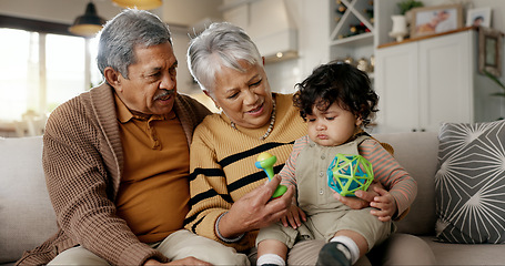 Image showing Grandparents, grandchild and home with toy, playing and spending quality time together, bonding and teaching. Happy family, playful and joy with child development, retirement and love babysitting