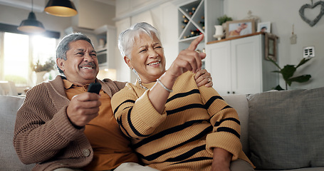 Image showing Home, watching tv and senior couple with love, funny and retirement with support, romantic and relax. Romance, old man and elderly woman laughing, smile and relationship with trust, humor or marriage