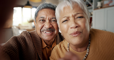 Image showing Face, video call or senior couple in living room talking on digital connection, virtual app or social media. Happy man, mature woman or people speaking online in selfie at home in retirement together