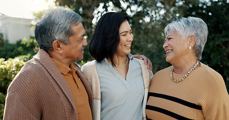 Image showing Woman, laughing or senior parents hug for bonding, support or love in backyard of a family house. Old man, funny or mature mom with a happy daughter in outdoor porch together on holiday vacation