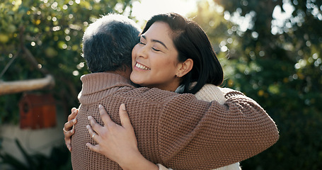 Image showing Woman, nature or senior father hug for bonding, support or love in backyard of a family house. Old man, smile or mature parent with a happy daughter in outdoor porch together on holiday vacation