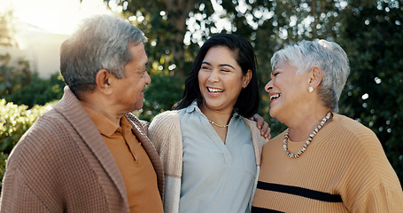 Image showing Woman, laughing or senior parents hug for bonding, support or love in backyard of a family house. Old man, funny or mature mom with a happy daughter in outdoor porch together on holiday vacation